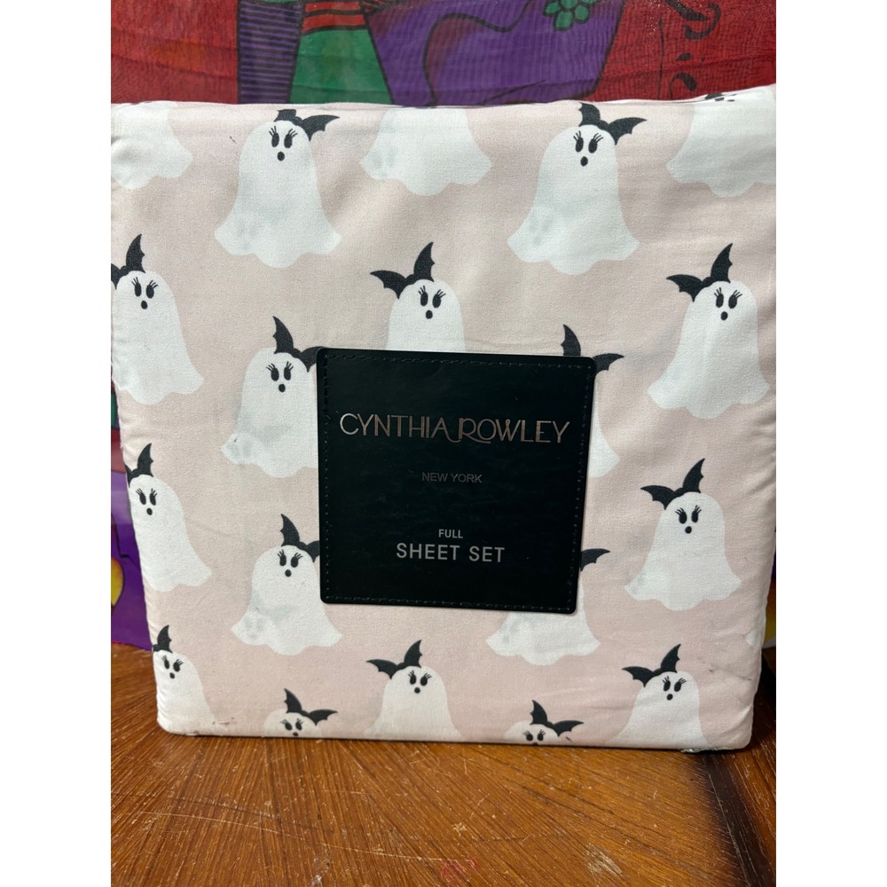Cynthia Rowley Full Sheet Set Pink Ghost with Bows Halloween 4 Piece Microfiber